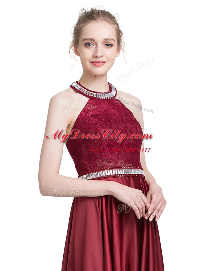 Exquisite Halter Top Sleeveless Taffeta Prom Dresses Beading and Lace Zipper