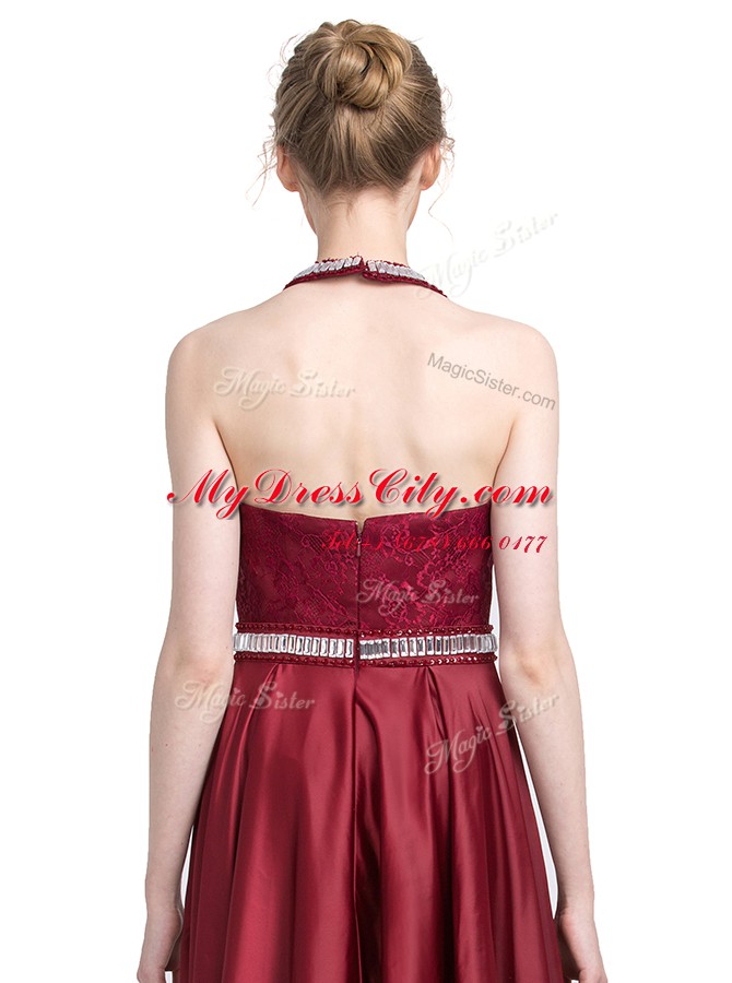 Exquisite Halter Top Sleeveless Taffeta Prom Dresses Beading and Lace Zipper