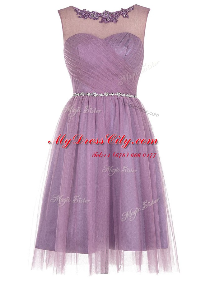 Lavender Tulle Zipper Scoop Sleeveless Knee Length Beading and Appliques