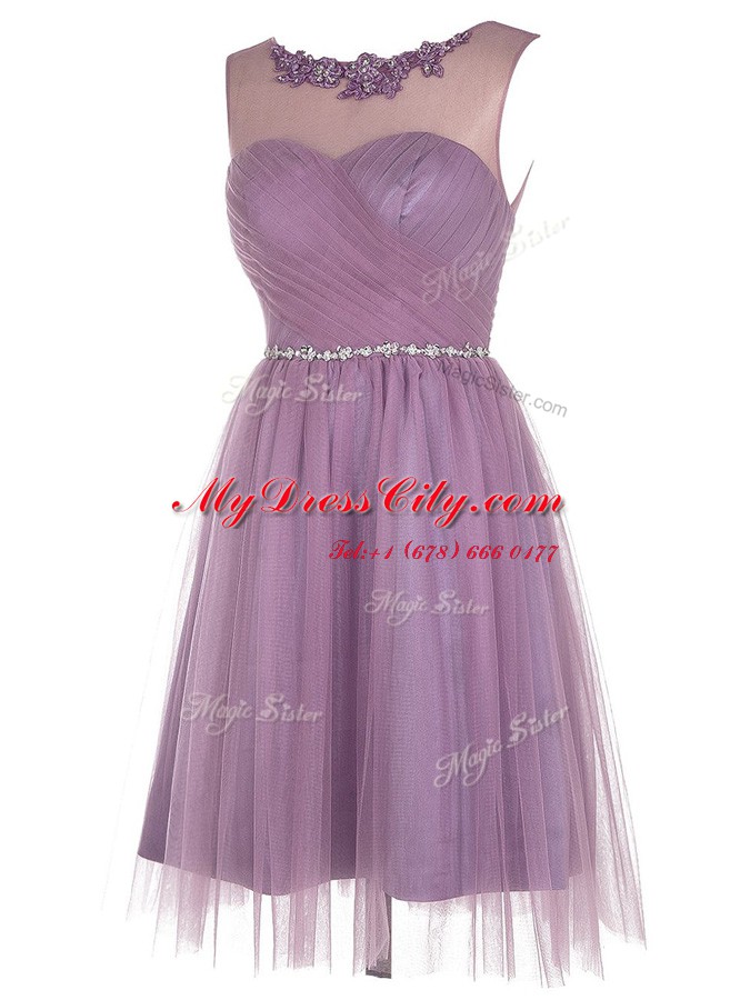 Lavender Tulle Zipper Scoop Sleeveless Knee Length Beading and Appliques