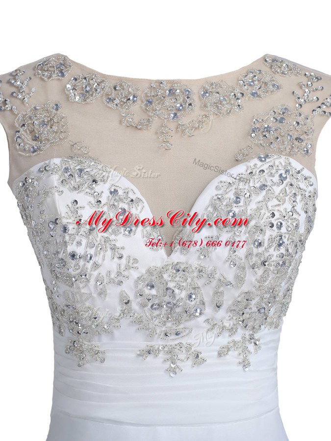 White Scoop Backless Beading Brush Train Sleeveless