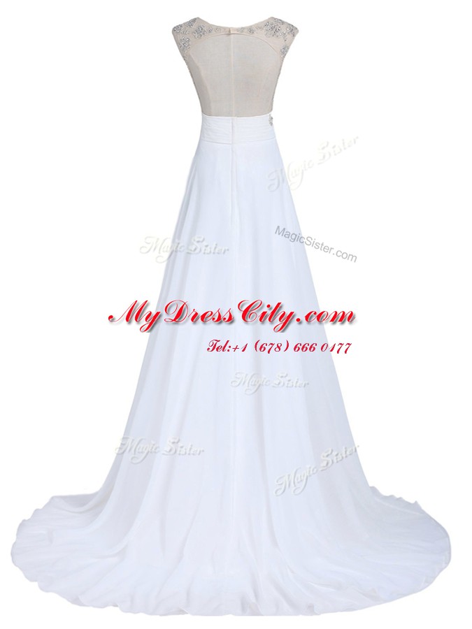 White Scoop Backless Beading Brush Train Sleeveless