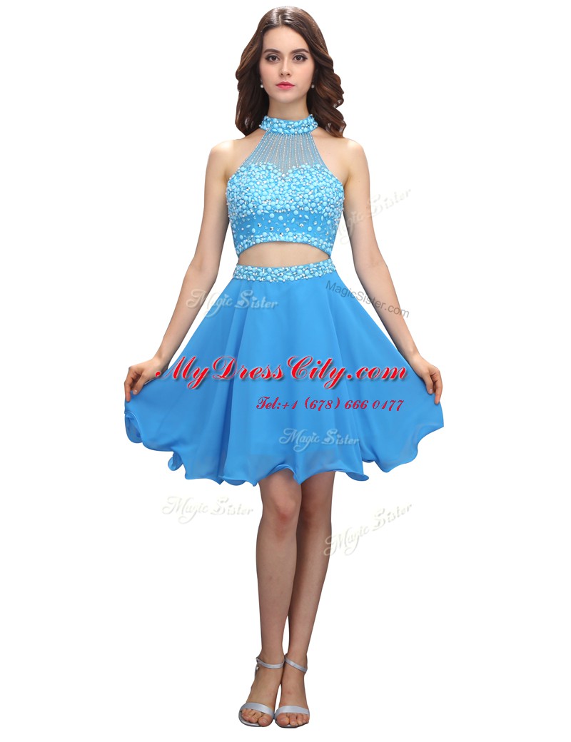 Hot Selling Blue High-neck Zipper Beading Sleeveless