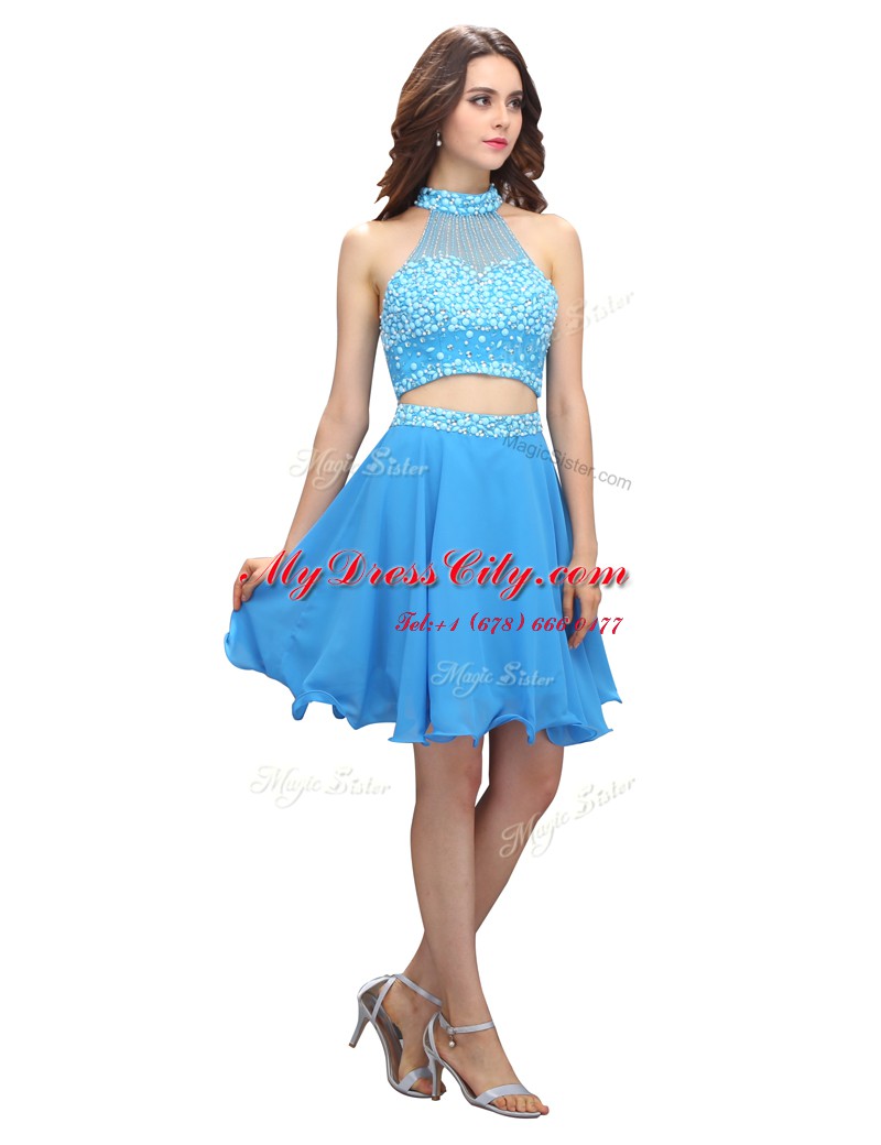 Hot Selling Blue High-neck Zipper Beading Sleeveless