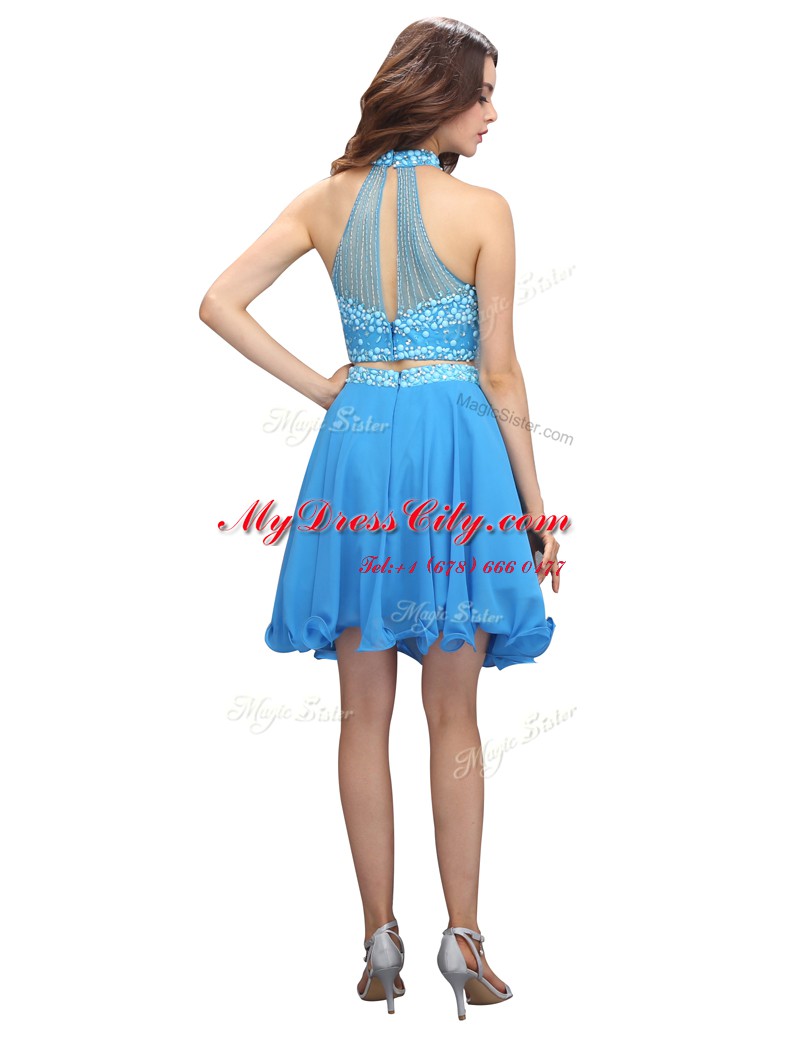 Hot Selling Blue High-neck Zipper Beading Sleeveless