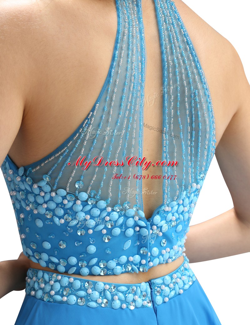 Hot Selling Blue High-neck Zipper Beading Sleeveless