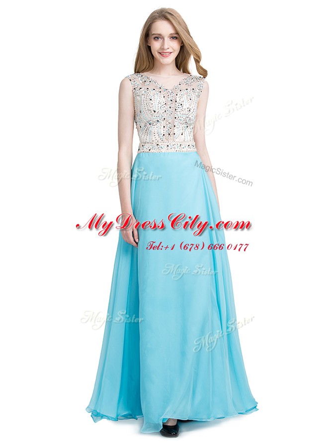 Sumptuous Scoop Floor Length Aqua Blue Prom Evening Gown Chiffon Sleeveless Beading