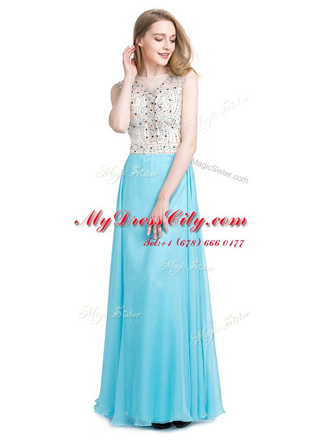 Sumptuous Scoop Floor Length Aqua Blue Prom Evening Gown Chiffon Sleeveless Beading