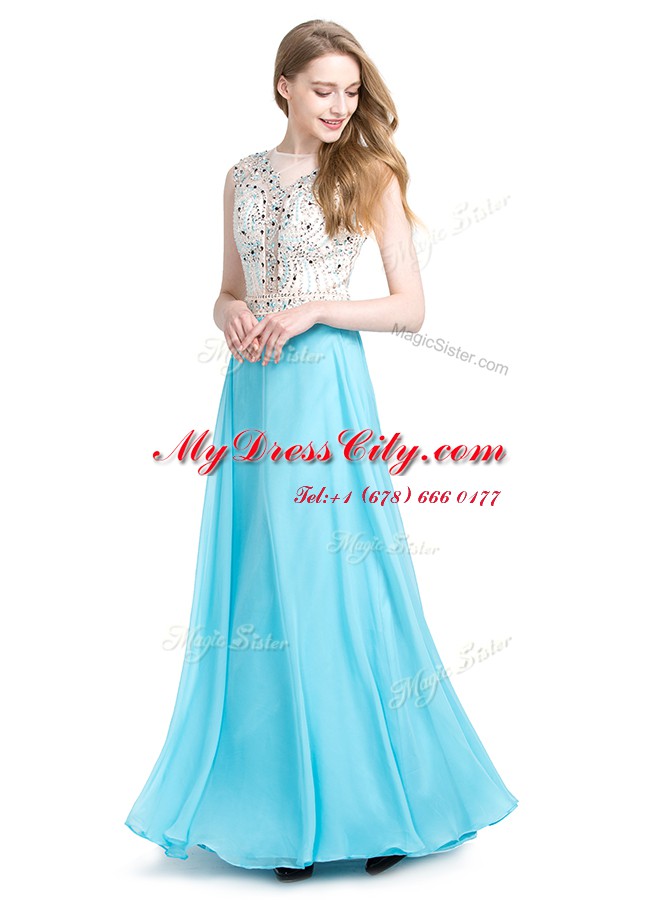 Sumptuous Scoop Floor Length Aqua Blue Prom Evening Gown Chiffon Sleeveless Beading