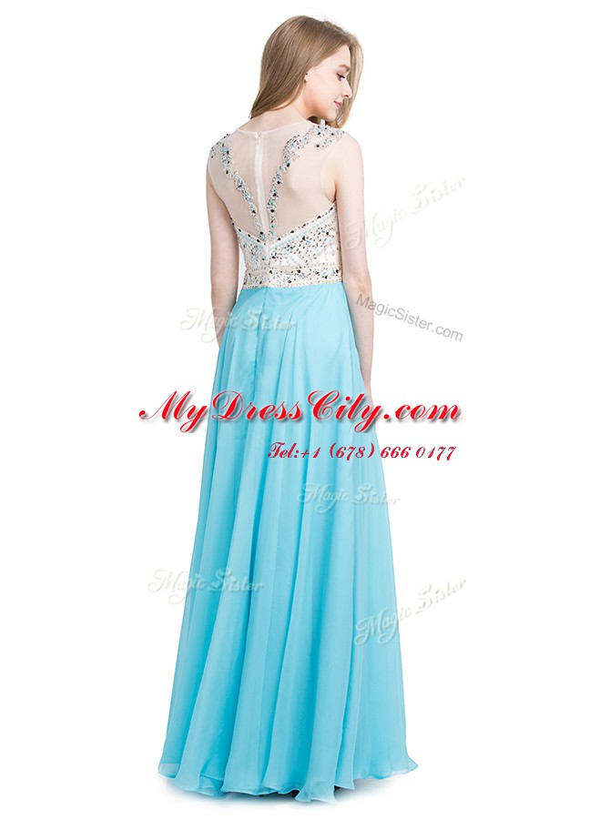 Sumptuous Scoop Floor Length Aqua Blue Prom Evening Gown Chiffon Sleeveless Beading