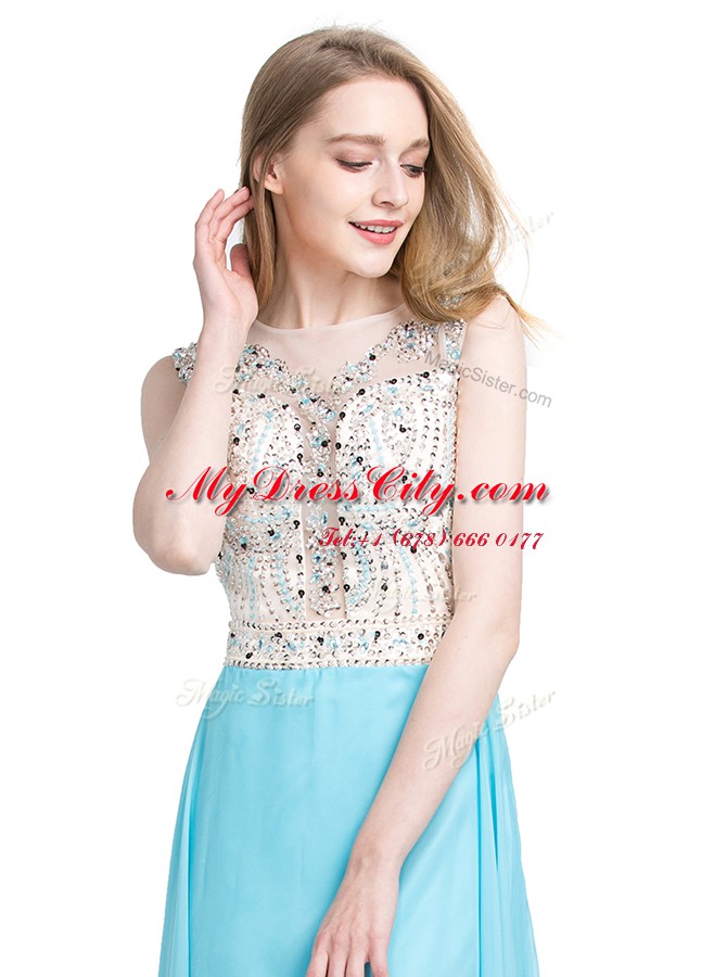 Sumptuous Scoop Floor Length Aqua Blue Prom Evening Gown Chiffon Sleeveless Beading