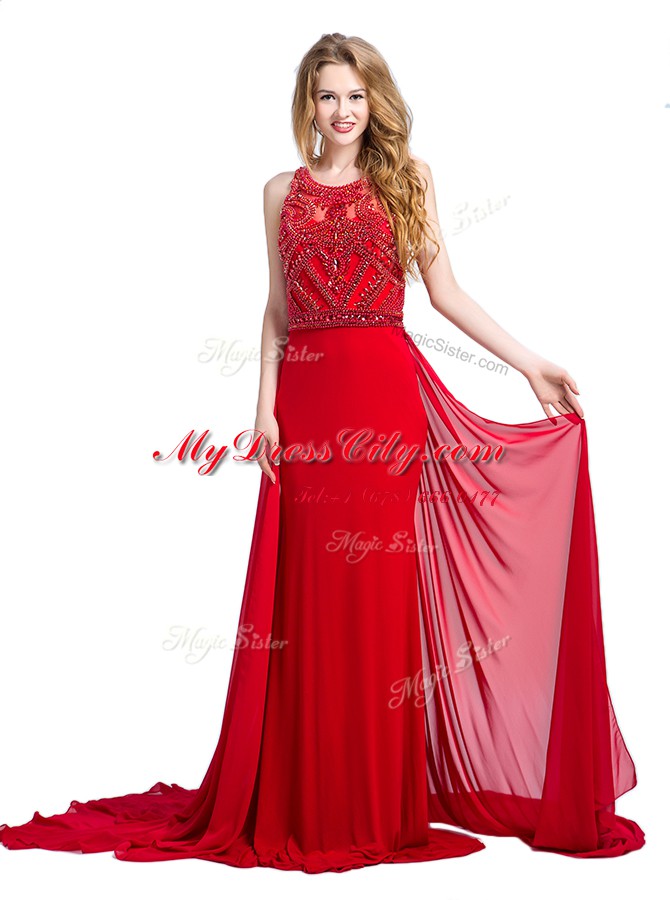 Scoop Sleeveless Court Train Zipper With Train Beading Prom Evening Gown