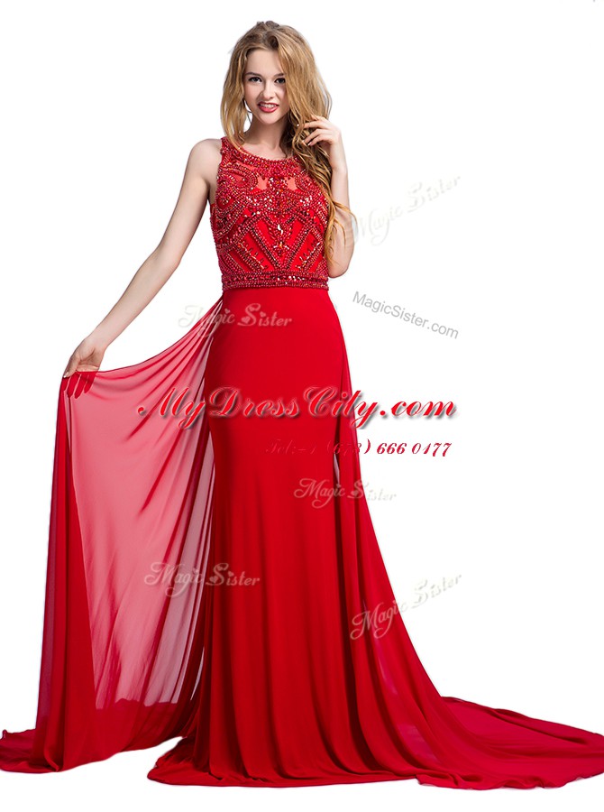 Scoop Sleeveless Court Train Zipper With Train Beading Prom Evening Gown