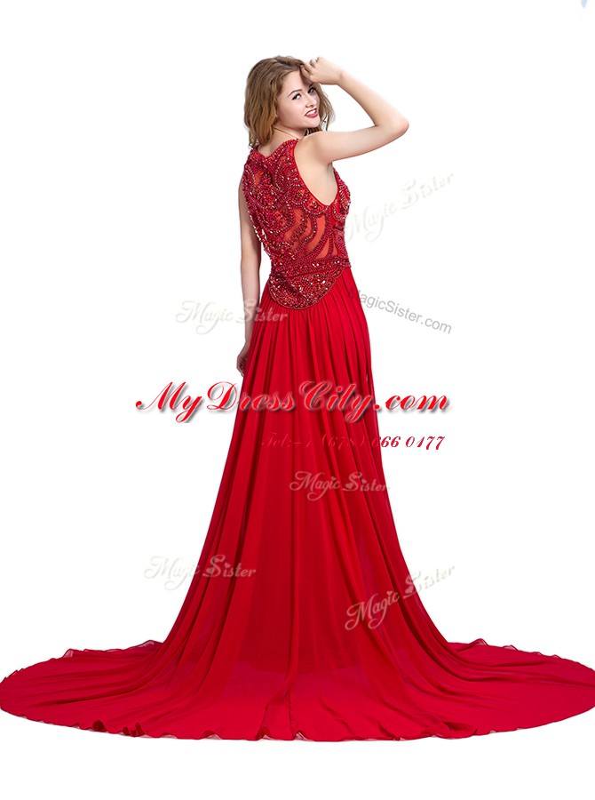 Scoop Sleeveless Court Train Zipper With Train Beading Prom Evening Gown