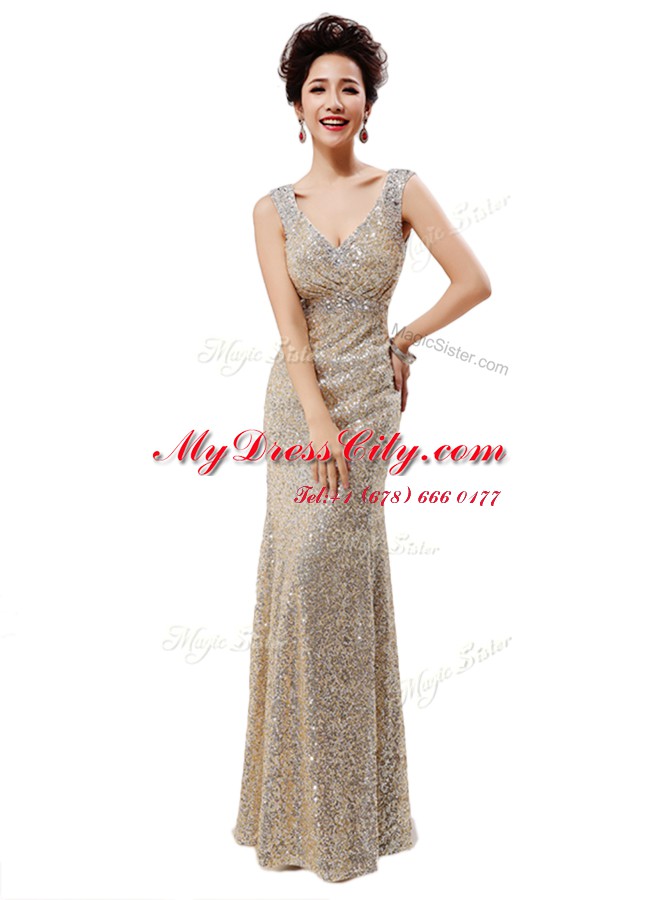 Chic Champagne Column/Sheath V-neck Sleeveless Sequined Floor Length Zipper Sequins Prom Dresses