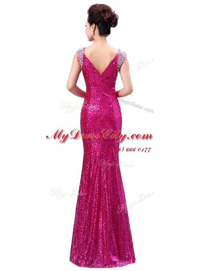 Chic Champagne Column/Sheath V-neck Sleeveless Sequined Floor Length Zipper Sequins Prom Dresses