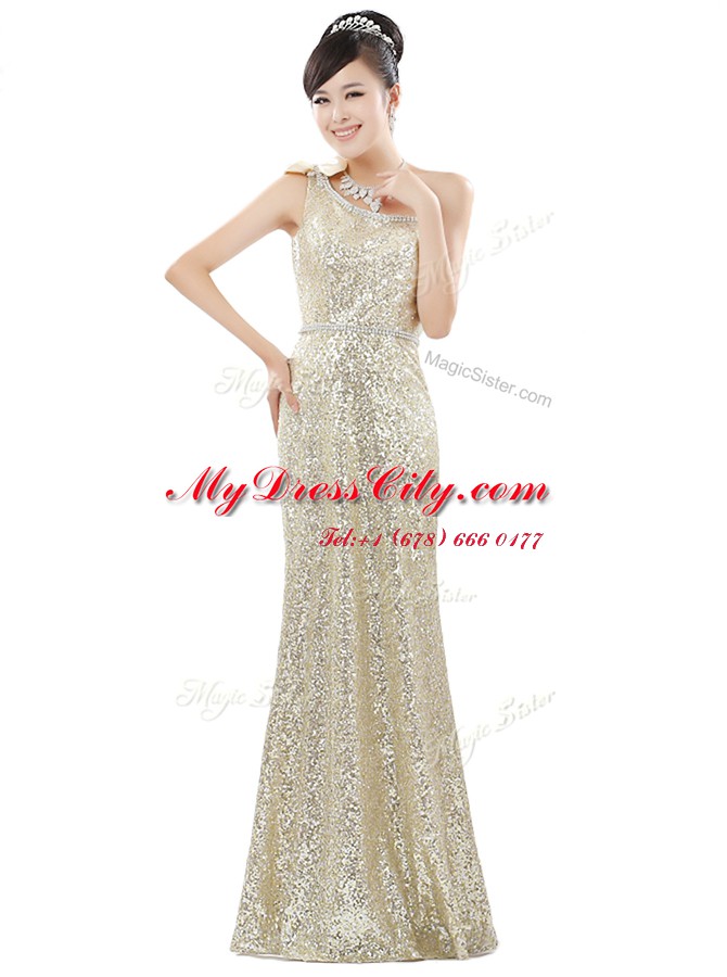 Super Champagne Prom Dress Prom and Party and For with Beading and Sequins One Shoulder Sleeveless Zipper