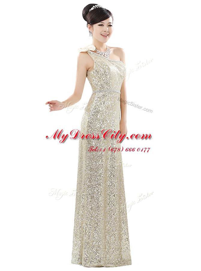 Super Champagne Prom Dress Prom and Party and For with Beading and Sequins One Shoulder Sleeveless Zipper