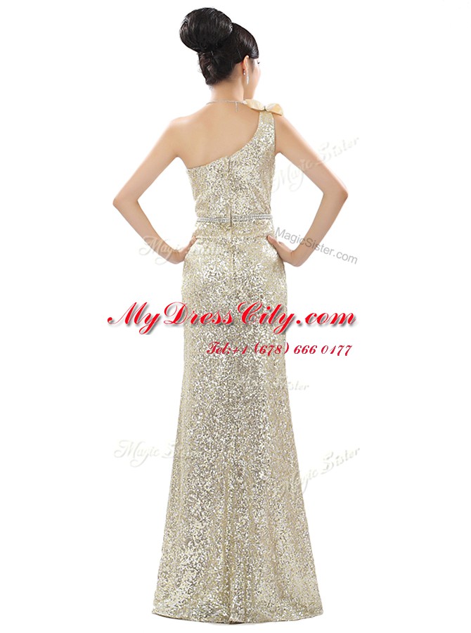 Super Champagne Prom Dress Prom and Party and For with Beading and Sequins One Shoulder Sleeveless Zipper