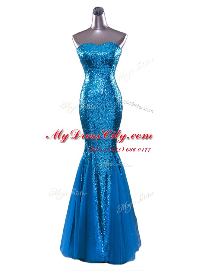 Trendy Mermaid Blue Zipper Strapless Sequins Prom Evening Gown Sequined Sleeveless