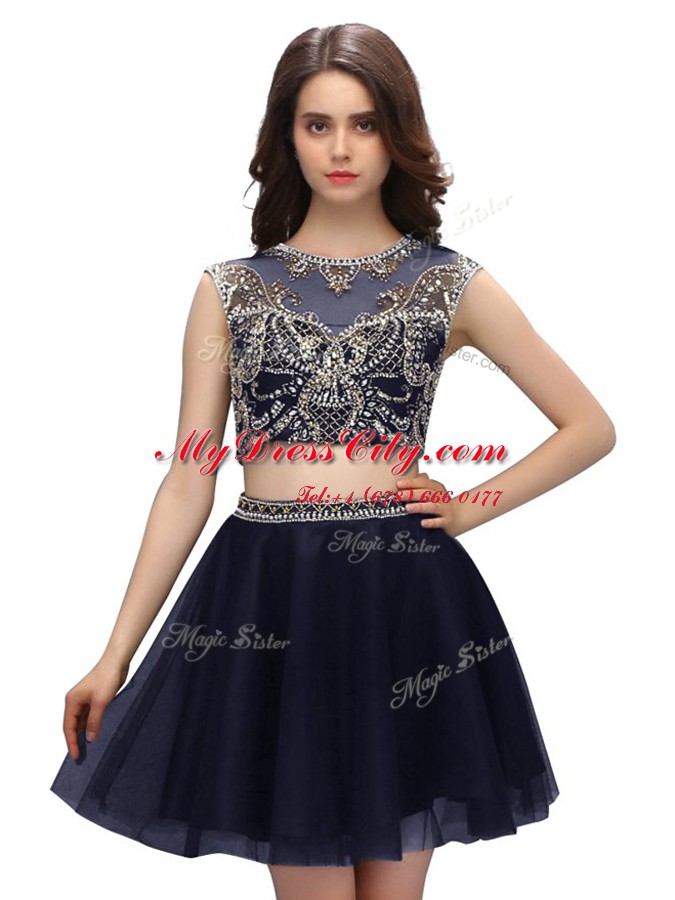 Colorful Navy Blue Criss Cross Scoop Beading Evening Dress Tulle Sleeveless