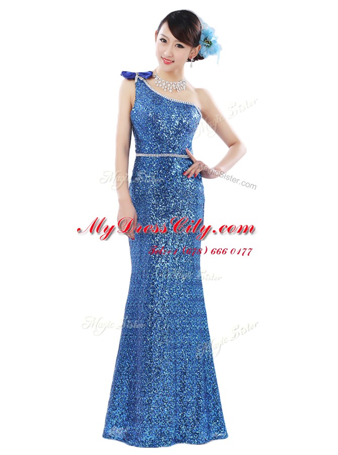 High Quality Blue Sequined Zipper One Shoulder Sleeveless Floor Length Prom Party Dress Sequins