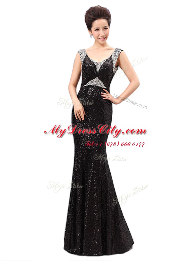 Edgy Floor Length Black Dress for Prom Sequined Sleeveless Sequins