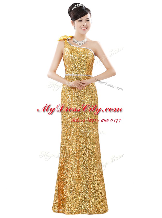 Best Selling One Shoulder Gold Column/Sheath Beading and Sequins Evening Dress Zipper Sequined Sleeveless Floor Length