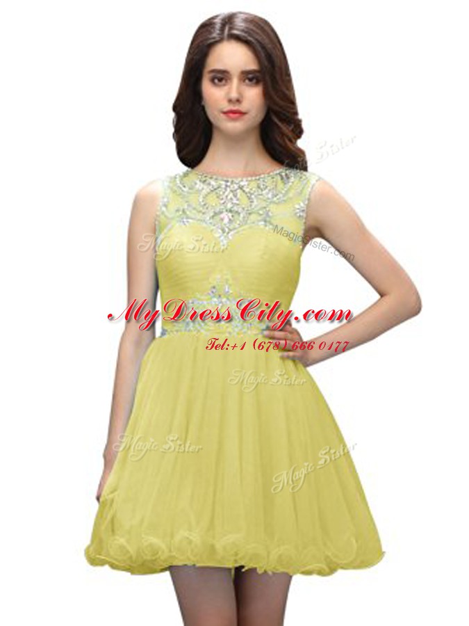 Scoop Mini Length Light Yellow Prom Gown Organza Sleeveless Beading