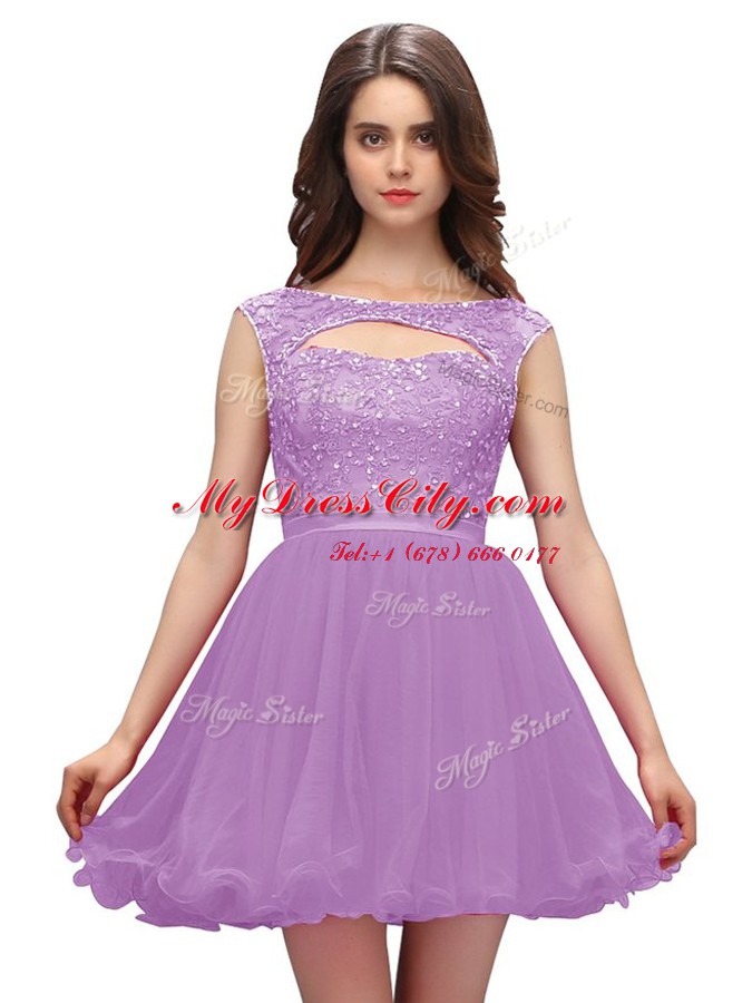 Sleeveless Chiffon Mini Length Zipper Prom Gown in Lavender with Beading