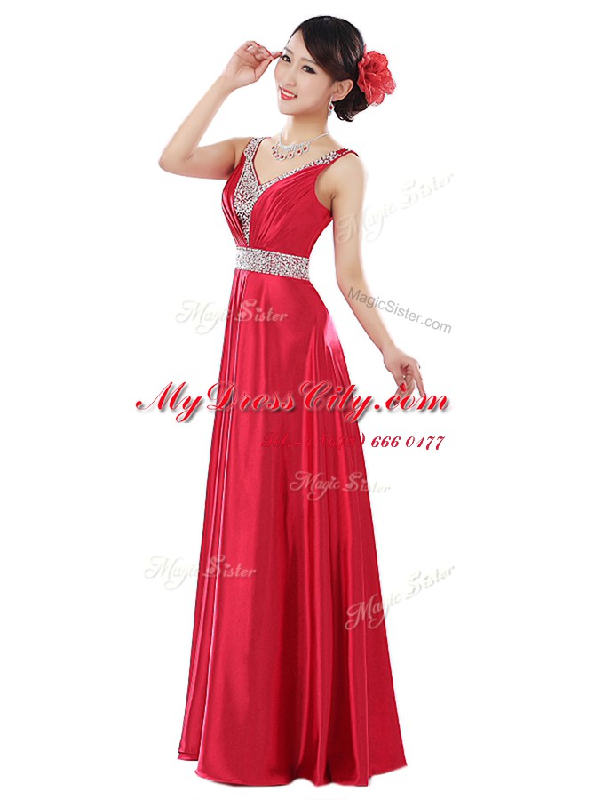 Coral Red V-neck Zipper Beading Dress for Prom Sleeveless