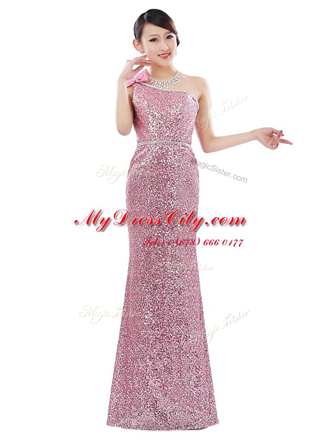 Beautiful Pink One Shoulder Zipper Sequins Homecoming Dress Sleeveless