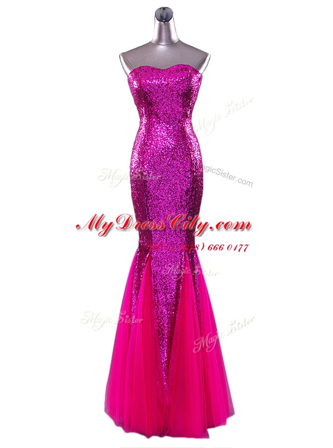 Colorful Mermaid Sleeveless Sequined Floor Length Zipper Homecoming Dress in Fuchsia with Sequins