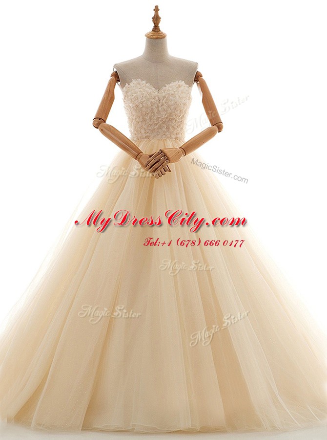 Pretty Floor Length Champagne Wedding Gowns Tulle Sleeveless Lace