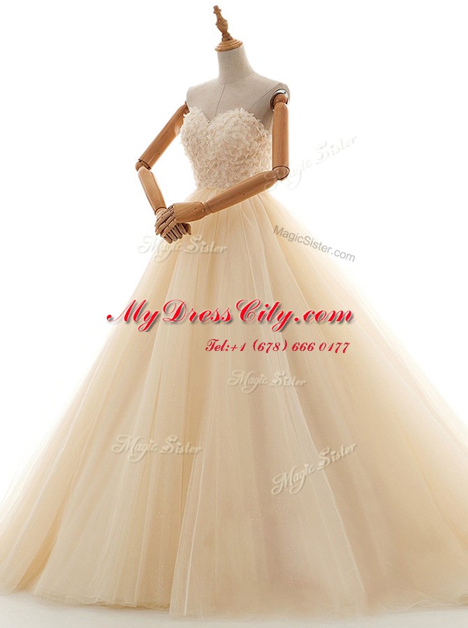 Pretty Floor Length Champagne Wedding Gowns Tulle Sleeveless Lace