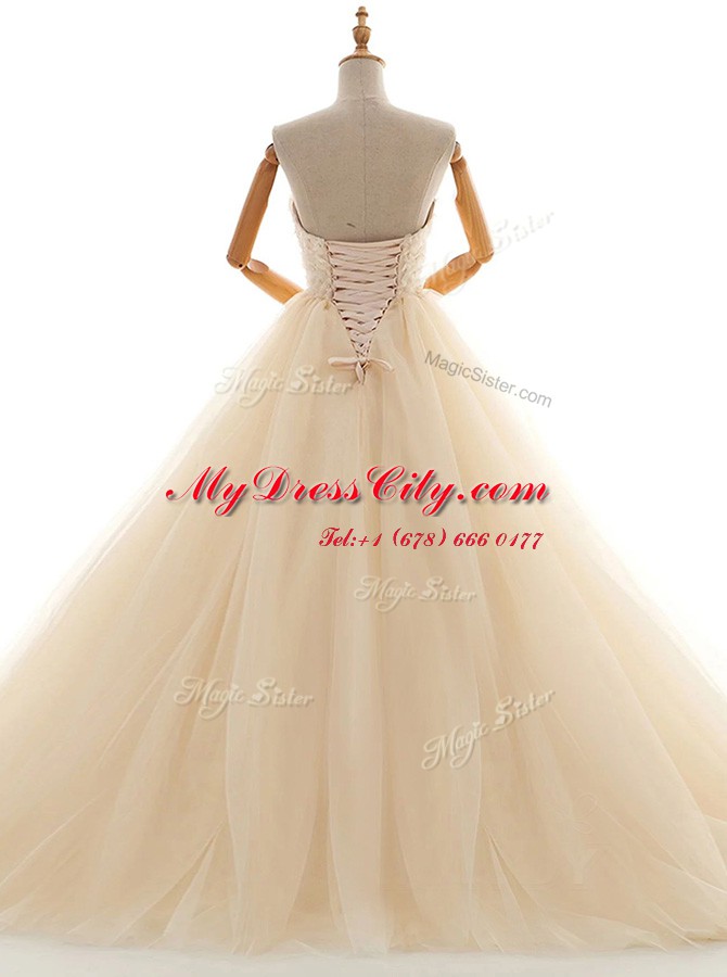 Pretty Floor Length Champagne Wedding Gowns Tulle Sleeveless Lace