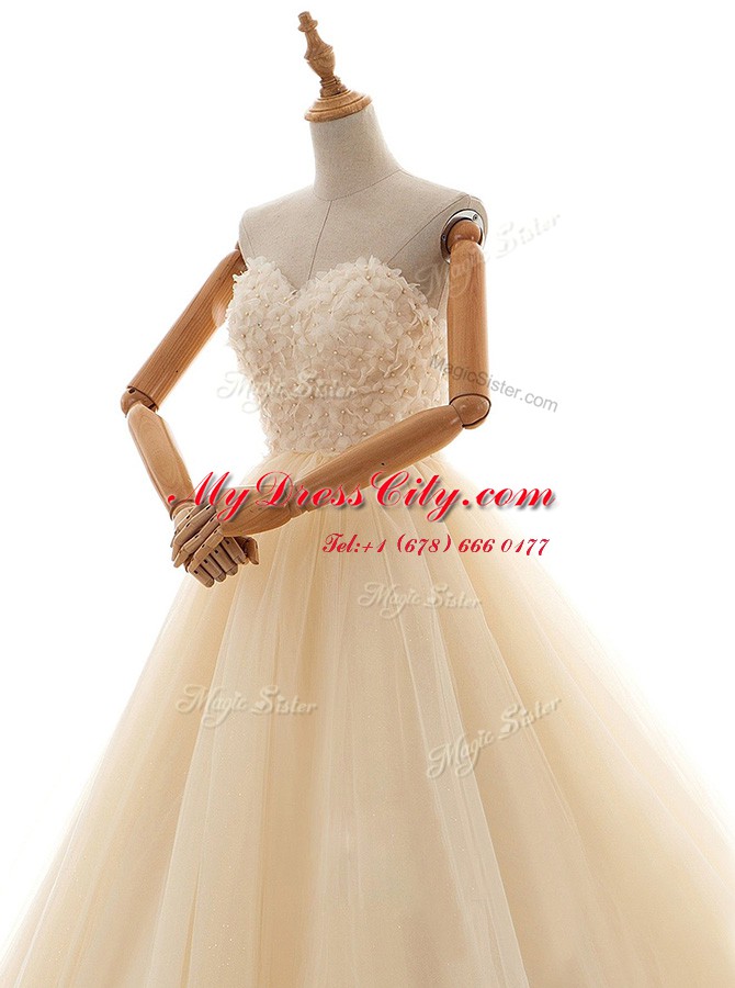 Pretty Floor Length Champagne Wedding Gowns Tulle Sleeveless Lace