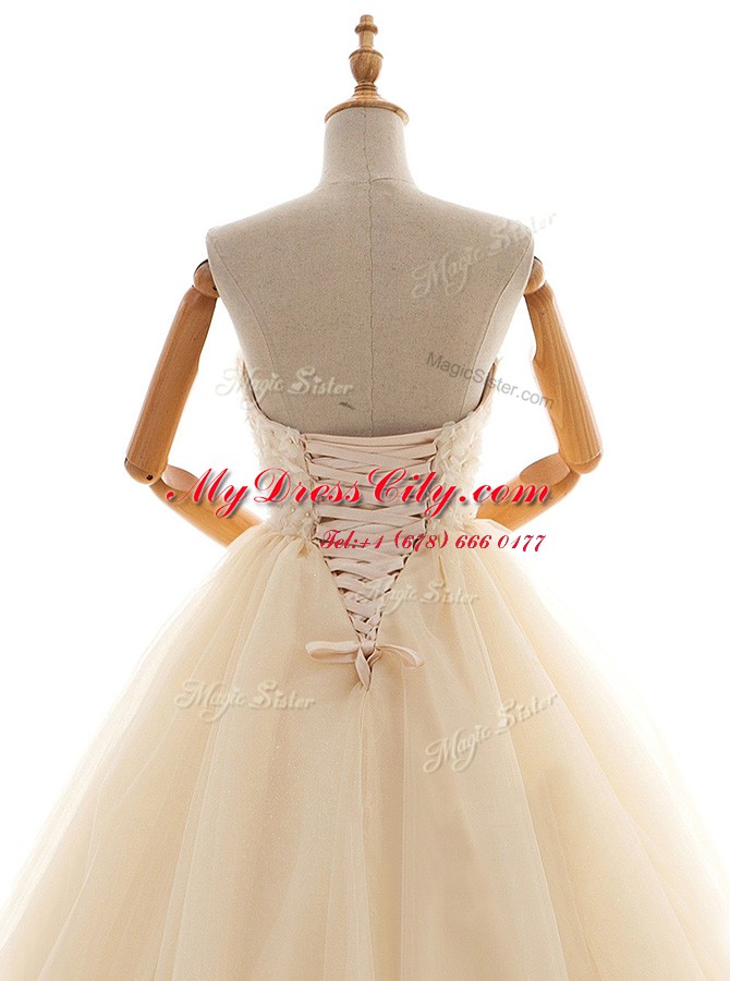 Pretty Floor Length Champagne Wedding Gowns Tulle Sleeveless Lace