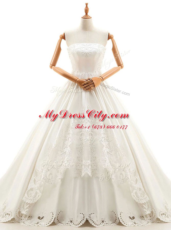 With Train Lace Up Wedding Dresses White for Wedding Party with Appliques Cathedral Train