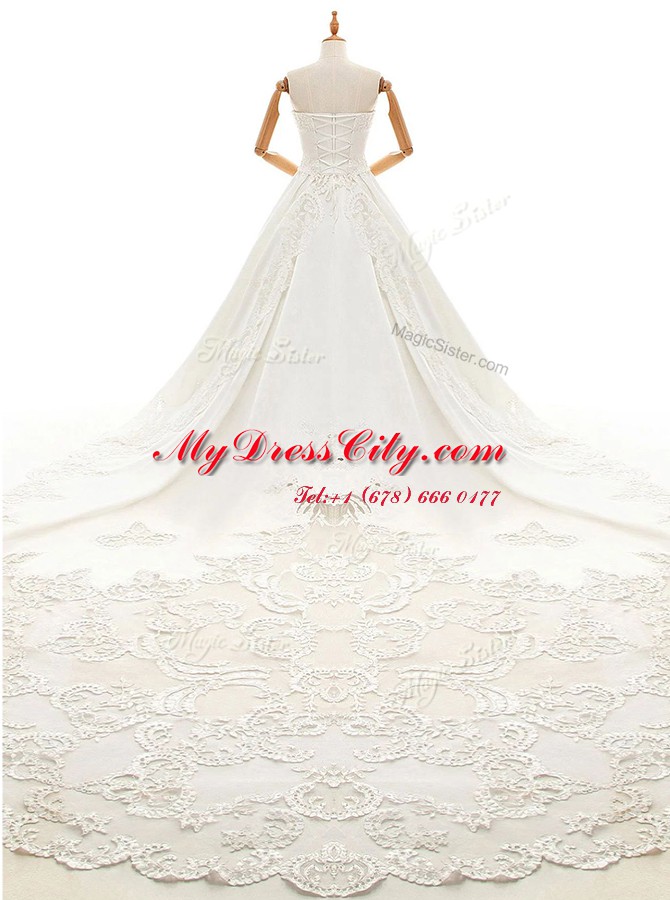 With Train Lace Up Wedding Dresses White for Wedding Party with Appliques Cathedral Train