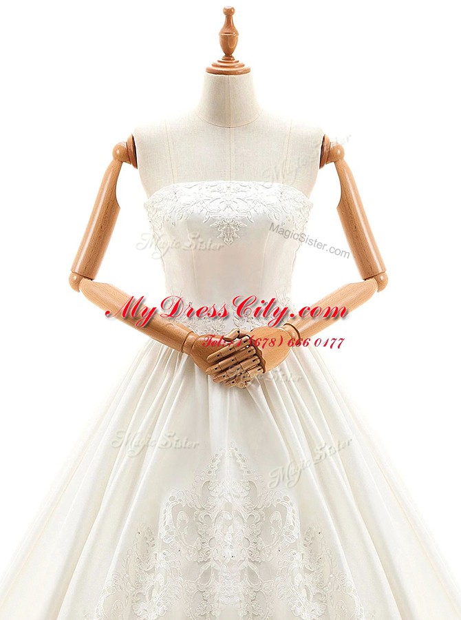 With Train Lace Up Wedding Dresses White for Wedding Party with Appliques Cathedral Train