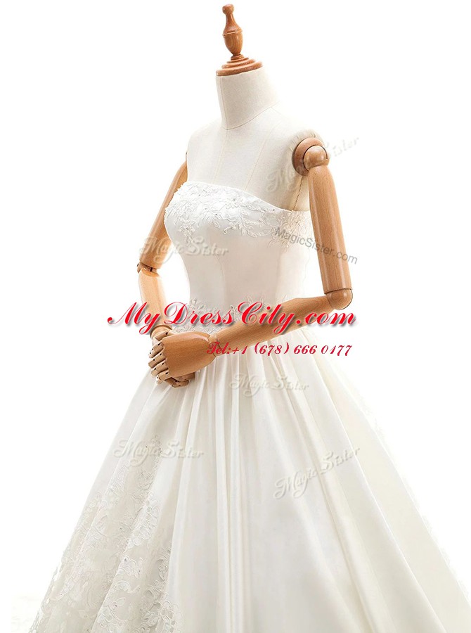 With Train Lace Up Wedding Dresses White for Wedding Party with Appliques Cathedral Train