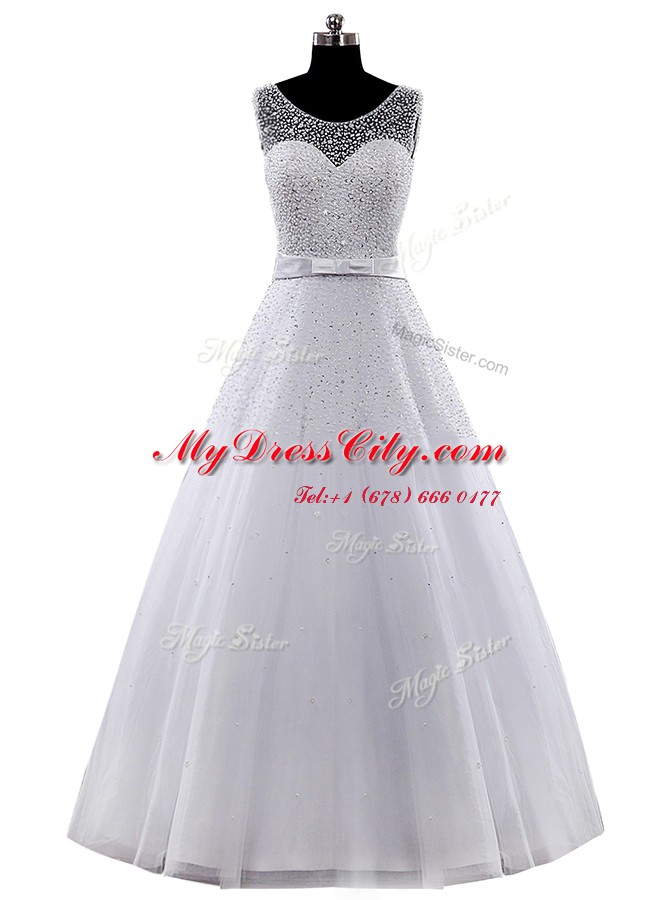 Superior Scoop Sleeveless Clasp Handle Floor Length Beading and Belt Wedding Gown