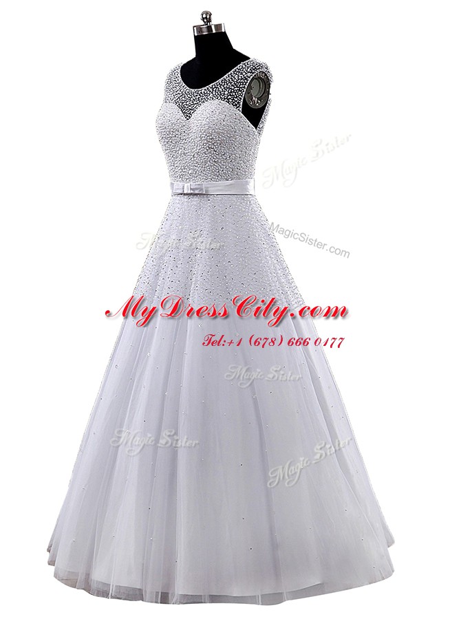 Superior Scoop Sleeveless Clasp Handle Floor Length Beading and Belt Wedding Gown