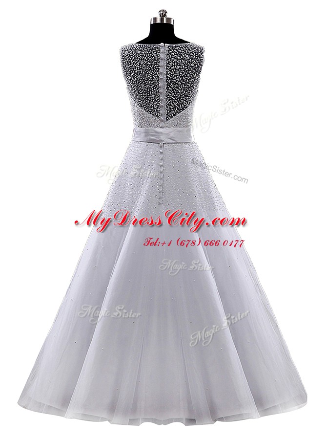 Superior Scoop Sleeveless Clasp Handle Floor Length Beading and Belt Wedding Gown