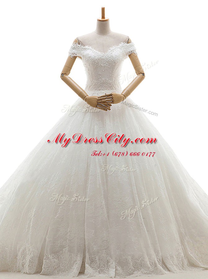 New Style White Tulle Lace Up Off The Shoulder Sleeveless With Train Wedding Gowns Court Train Lace and Appliques