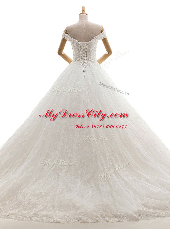 New Style White Tulle Lace Up Off The Shoulder Sleeveless With Train Wedding Gowns Court Train Lace and Appliques