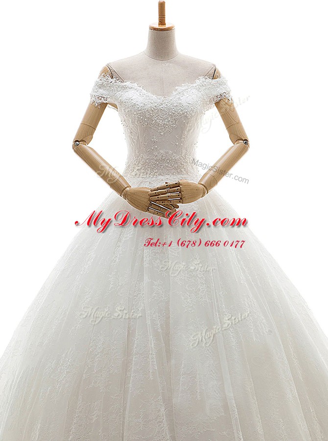 New Style White Tulle Lace Up Off The Shoulder Sleeveless With Train Wedding Gowns Court Train Lace and Appliques