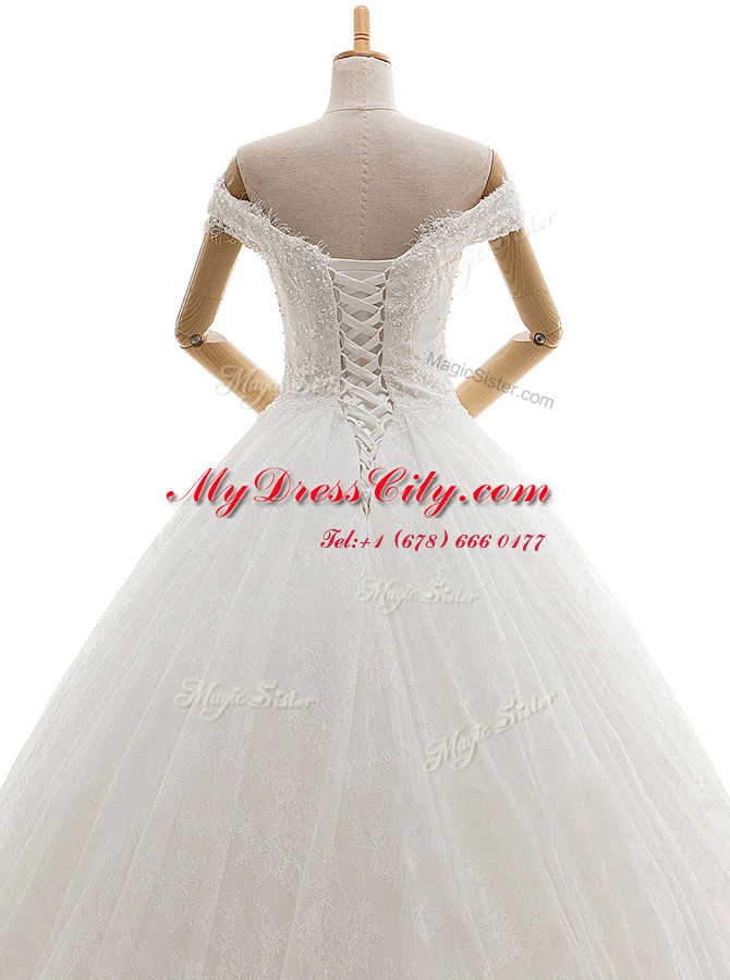 New Style White Tulle Lace Up Off The Shoulder Sleeveless With Train Wedding Gowns Court Train Lace and Appliques