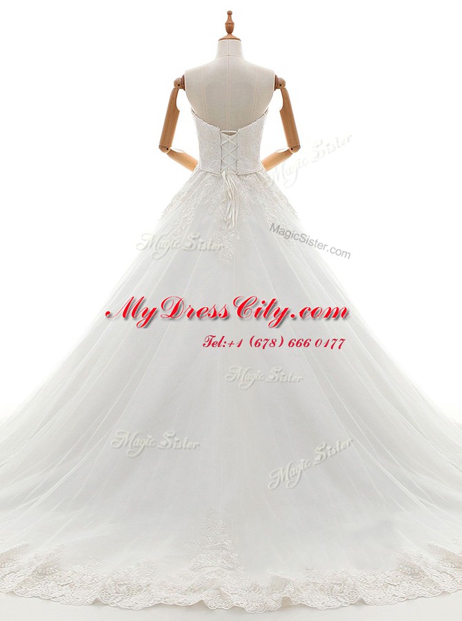 Unique Sweetheart Sleeveless Wedding Gown With Brush Train Lace and Appliques White Tulle